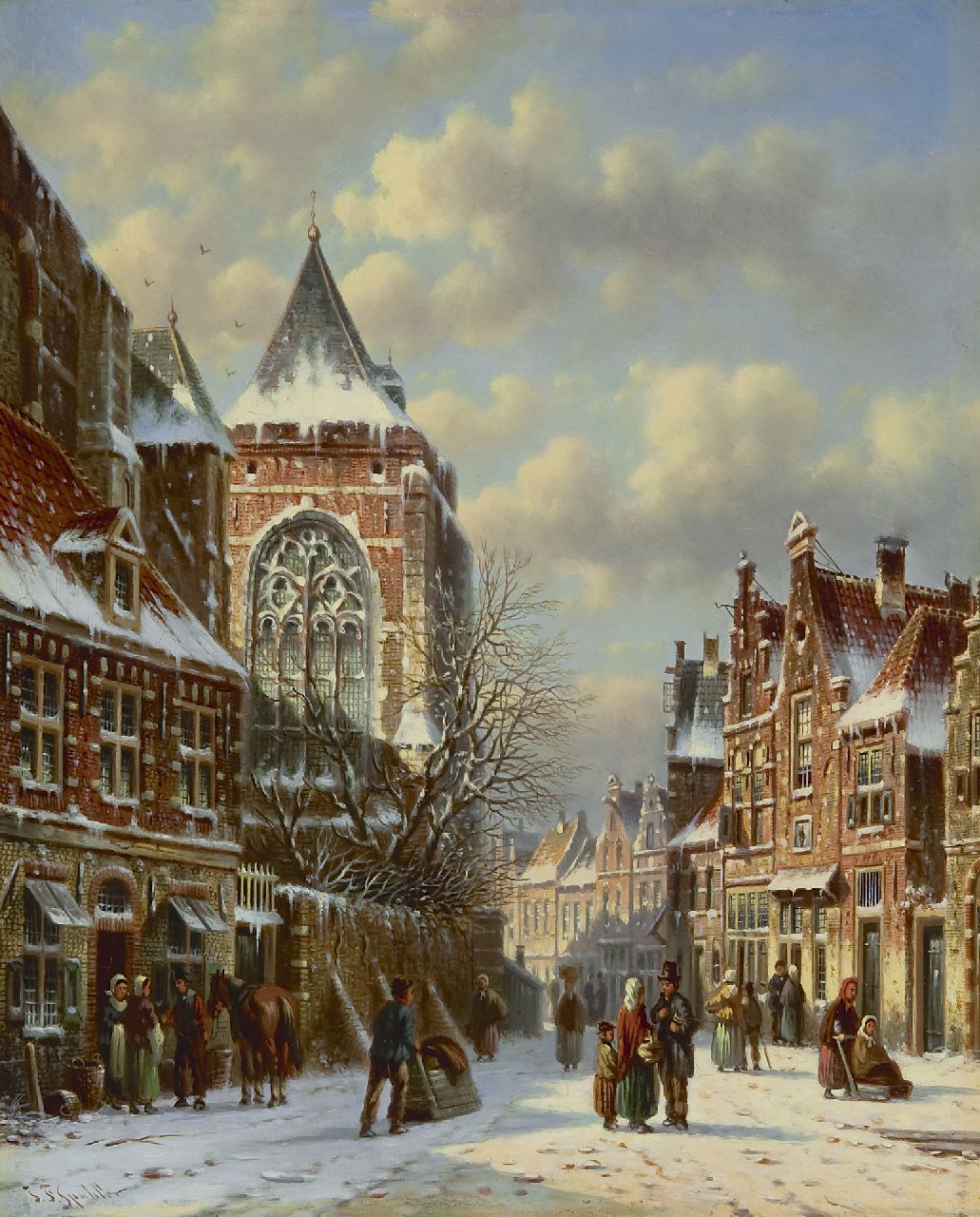 Spohler J.F. | Johannes Franciscus Spohler, Kerkplein in de sneeuw, olieverf op paneel 26,3 x 21,3 cm, gesigneerd linksonder Spohler J.F. | Johannes Franciscus Spohler, Kerkplein in de sneeuw, olieverf op paneel 26,3 x 21,3 cm, gesigneerd linksonder