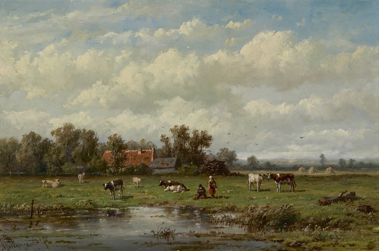 Wijngaerdt A.J. van | Anthonie Jacobus van Wijngaerdt, Weidelandschap met vee, olieverf op paneel 24,1 x 36,5 cm, gesigneerd linksonder Wijngaerdt A.J. van | Anthonie Jacobus van Wijngaerdt, Weidelandschap met vee, olieverf op paneel 24,1 x 36,5 cm, gesigneerd linksonder