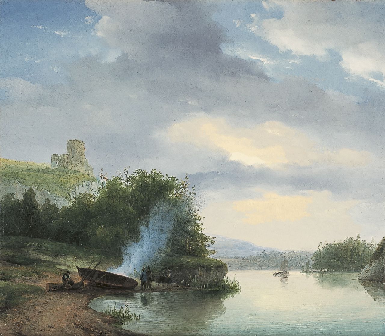 Schelfhout A.  | Andreas Schelfhout, Heuvelachtig rivierlandschap met burchtruïne, olieverf op paneel 32,9 x 38,2 cm, gesigneerd linksonder en te dateren midden jaren '20