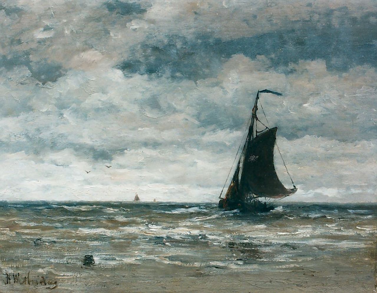 Mesdag H.W. | Hendrik Willem Mesdag, Bomschuit voor de kust, olieverf op doek 40,0 x 51,0 cm, gesigneerd linksonder Mesdag H.W. | Hendrik Willem Mesdag, Bomschuit voor de kust, olieverf op doek 40,0 x 51,0 cm, gesigneerd linksonder