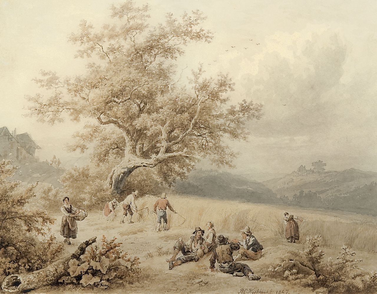 Koekkoek B.C.  | Barend Cornelis Koekkoek, Oogsttijd, Luxemburg, inkt en aquarel op papier 19,6 x 24,9 cm, gesigneerd rechts van het midden. en gedateerd 1847