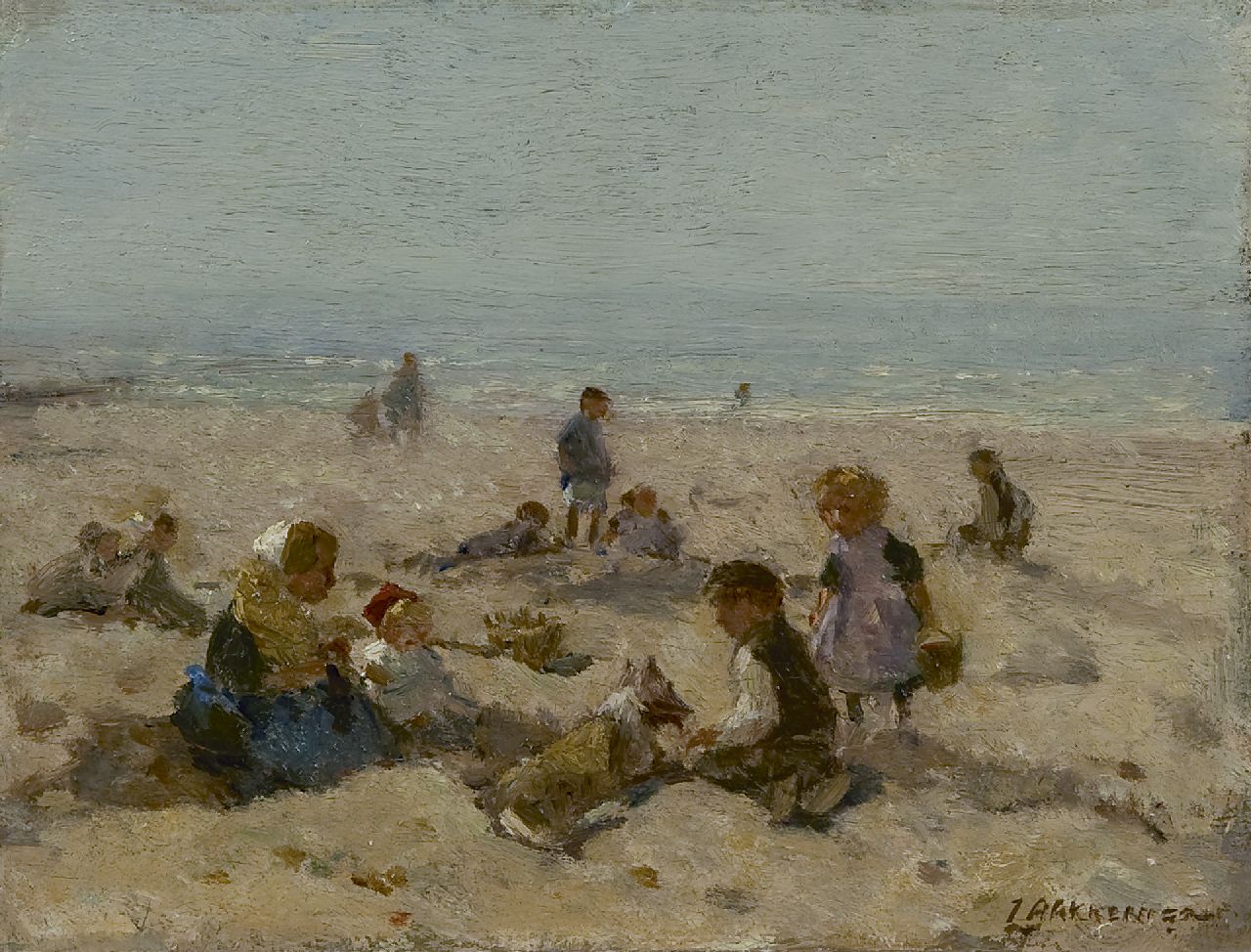 Akkeringa J.E.H. | 'Johannes Evert' Hendrik Akkeringa, Spelende kinderen op het strand van Scheveningen, olieverf op paneel 15,4 x 20,3 cm, gesigneerd rechtsonder Akkeringa J.E.H. | 'Johannes Evert' Hendrik Akkeringa, Spelende kinderen op het strand van Scheveningen, olieverf op paneel 15,4 x 20,3 cm, gesigneerd rechtsonder