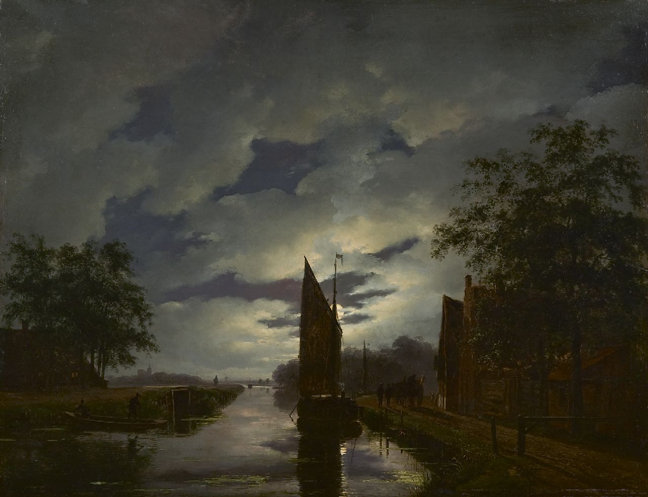 Schelfhout A. | Andreas Schelfhout, Maanverlicht landschap met roeiboot en afgemeerde zeilschepen, olieverf op paneel 38,2 x 49,3 cm, gesigneerd rechtsonder en te dateren ca. 1822 Schelfhout A. | Andreas Schelfhout, Maanverlicht landschap met roeiboot en afgemeerde zeilschepen, olieverf op paneel 38,2 x 49,3 cm, gesigneerd rechtsonder en te dateren ca. 1822