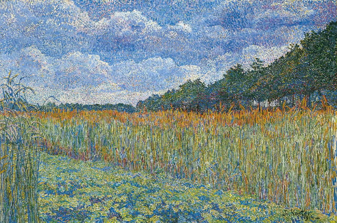 Koster J.P.C.A. | Johanna Petronella Catharina Antoinetta 'Jo' Koster, Korenveld, olieverf op doek 42,5 x 62,6 cm, gesigneerd rechtsonder en gedateerd 1914 Koster J.P.C.A. | Johanna Petronella Catharina Antoinetta 'Jo' Koster, Korenveld, olieverf op doek 42,5 x 62,6 cm, gesigneerd rechtsonder en gedateerd 1914