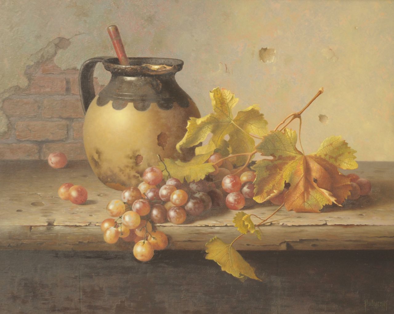 Bubarnik A.G. | Andreas Gyula Bubarnik, Stilleven van kan met druiven, olieverf op triplex 40,5 x 50,0 cm, gesigneerd rechtsonder Bubarnik A.G. | Andreas Gyula Bubarnik, Stilleven van kan met druiven, olieverf op triplex 40,5 x 50,0 cm, gesigneerd rechtsonder