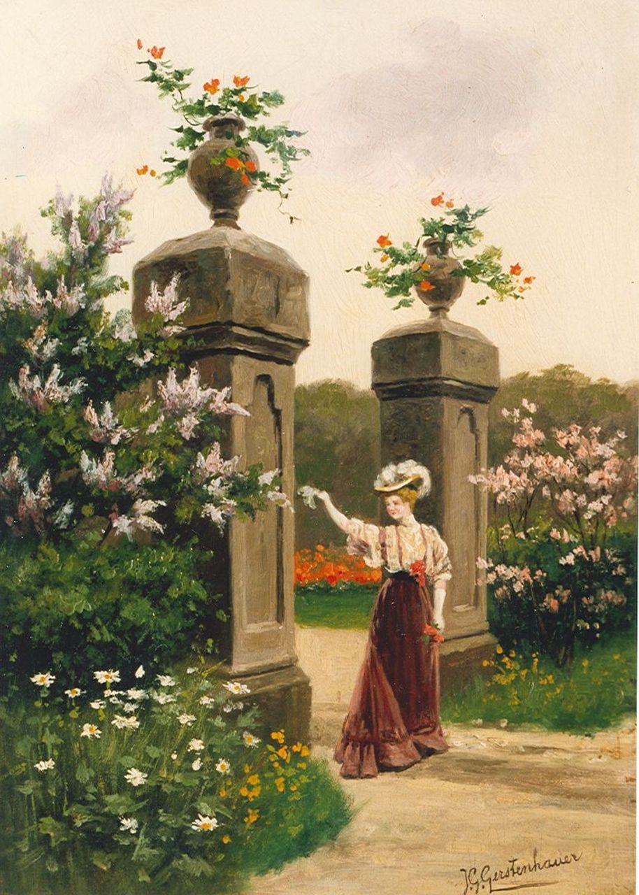 Gerstenhauer Zimmerman J.G. | Johan Georg Gerstenhauer Zimmerman, Elegante vrouw in bloementuin, olieverf op paneel 31,9 x 22,5 cm, gesigneerd rechtsonder Gerstenhauer Zimmerman J.G. | Johan Georg Gerstenhauer Zimmerman, Elegante vrouw in bloementuin, olieverf op paneel 31,9 x 22,5 cm, gesigneerd rechtsonder