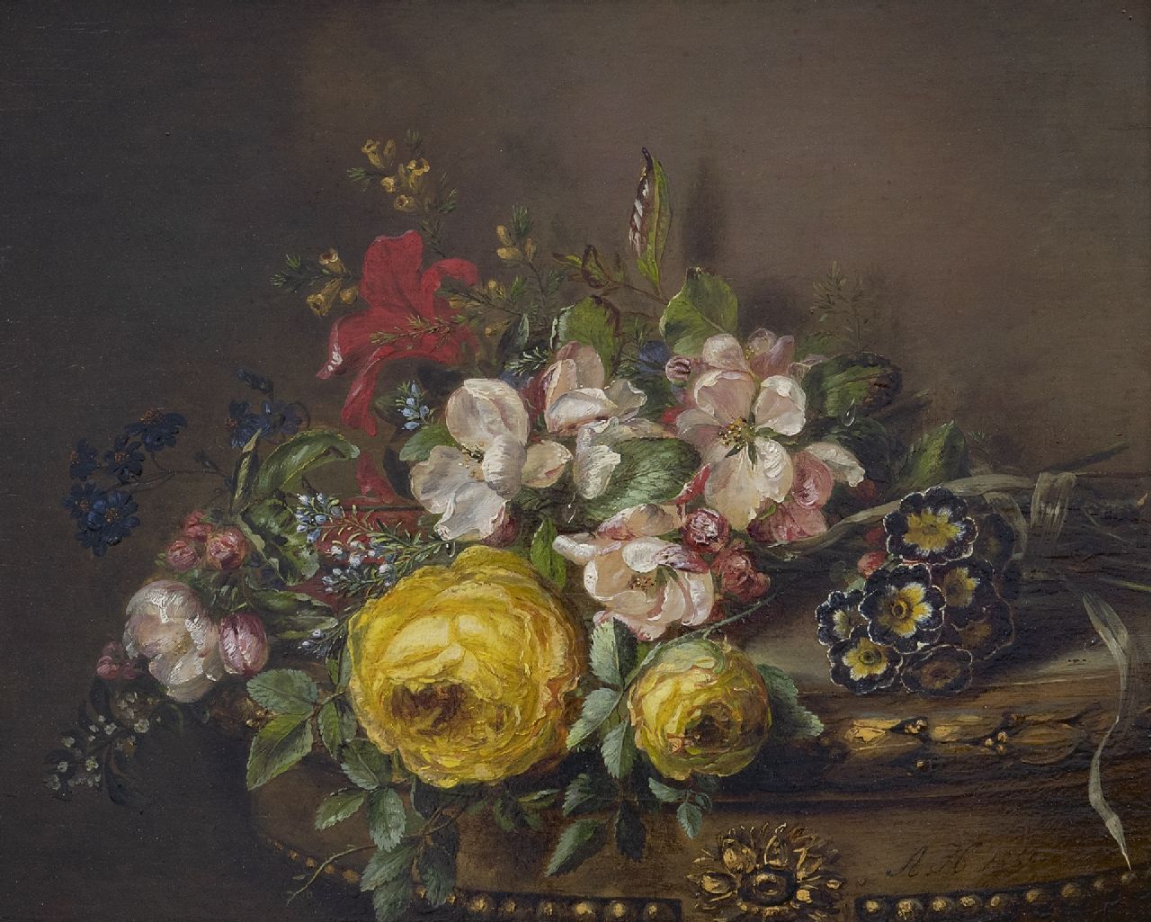 Haanen A.J. | 'Adriana' Johanna Haanen, Gemengd boeket op een tafel, olieverf op paneel 26,5 x 33,2 cm, gesigneerd rechtsonder en gedateerd 1850 Haanen A.J. | 'Adriana' Johanna Haanen, Gemengd boeket op een tafel, olieverf op paneel 26,5 x 33,2 cm, gesigneerd rechtsonder en gedateerd 1850