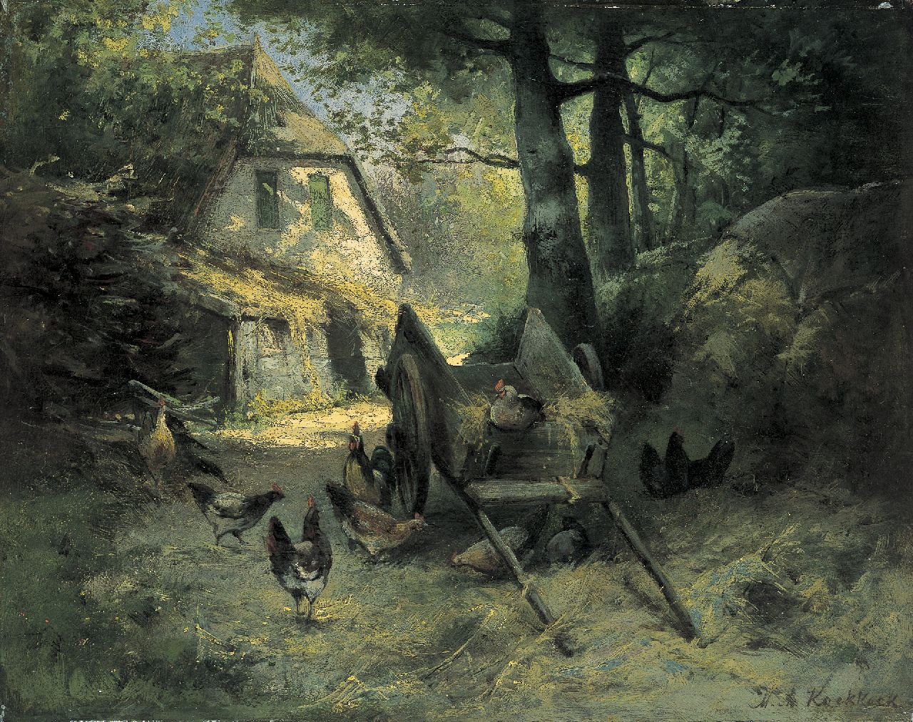 Koekkoek II M.A. | Marinus Adrianus Koekkoek II, Kippen op boerenerf, olieverf op paneel 31,9 x 40,0 cm, gesigneerd rechtsonder Koekkoek II M.A. | Marinus Adrianus Koekkoek II, Kippen op boerenerf, olieverf op paneel 31,9 x 40,0 cm, gesigneerd rechtsonder