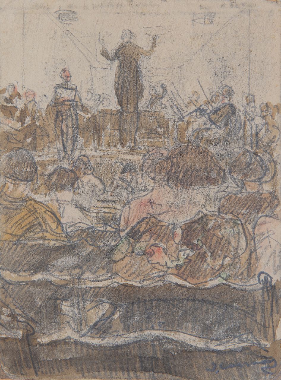 Cossaar J.C.W.  | Jacobus Cornelis Wyand 'Ko' Cossaar | Aquarellen en tekeningen te koop aangeboden | Concert o.l.v. H. v.d. Berg, orkestdirigent te Delft, tekening op papier 15,5 x 11,5 cm, gesigneerd rechtsonder