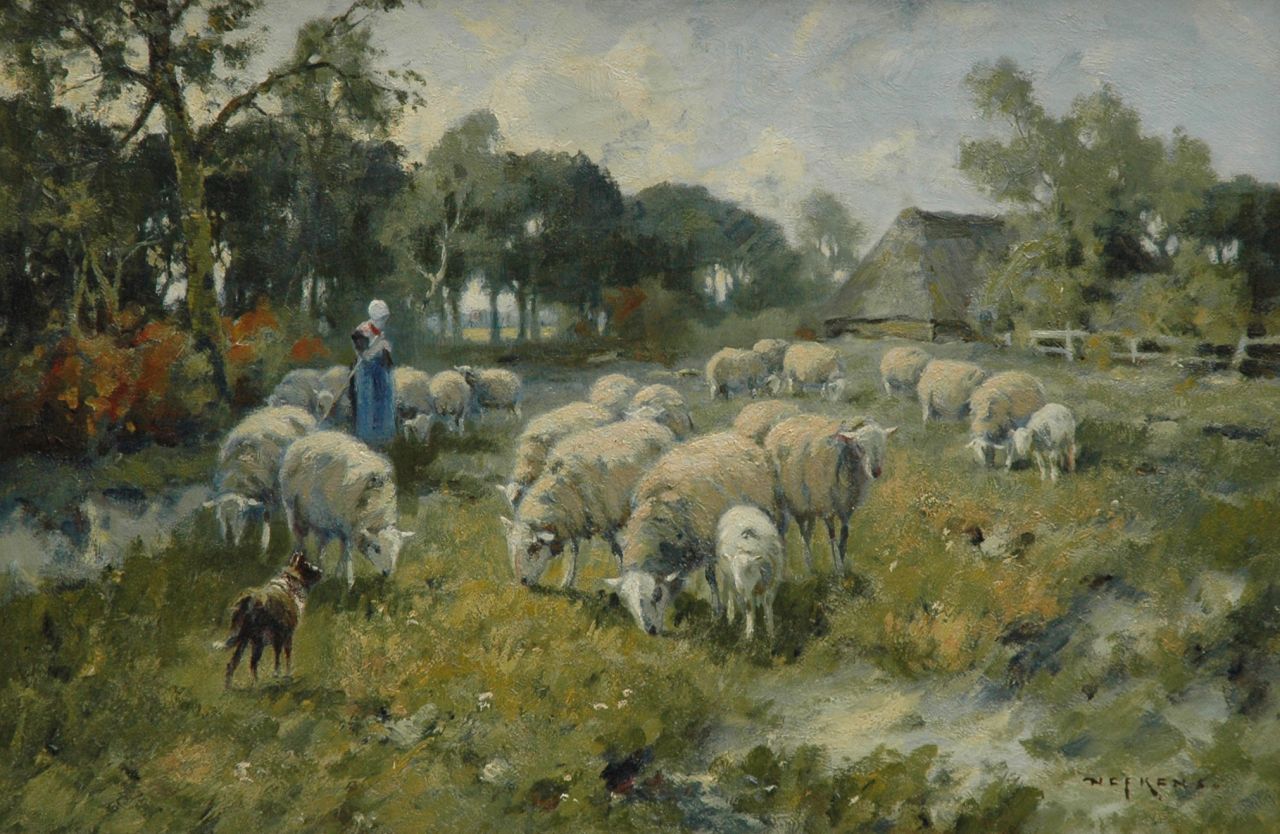 Nefkens M.J. | Martinus Jacobus Nefkens, Veluwse herderin met schapen, olieverf op doek 40,8 x 61,5 cm, gesigneerd rechtsonder Nefkens M.J. | Martinus Jacobus Nefkens, Veluwse herderin met schapen, olieverf op doek 40,8 x 61,5 cm, gesigneerd rechtsonder