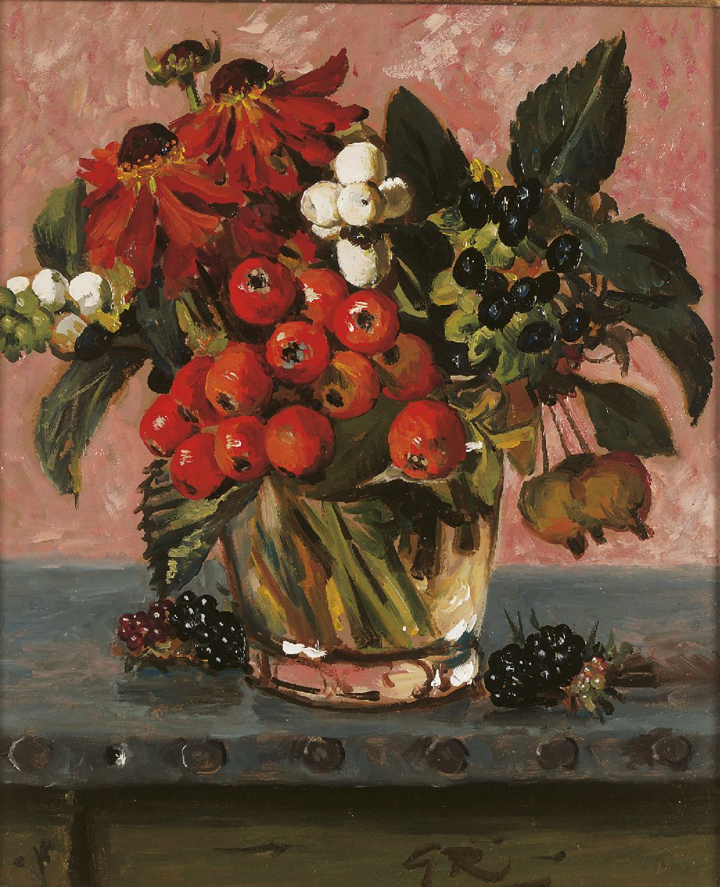 Röling G.V.A. | Gerard Victor Alphons 'Gé' Röling, Bessen en bloemen in glazen vaas, olieverf op board 29,8 x 25,0 cm, gesigneerd rechtsonder met initialen Röling G.V.A. | Gerard Victor Alphons 'Gé' Röling, Bessen en bloemen in glazen vaas, olieverf op board 29,8 x 25,0 cm, gesigneerd rechtsonder met initialen