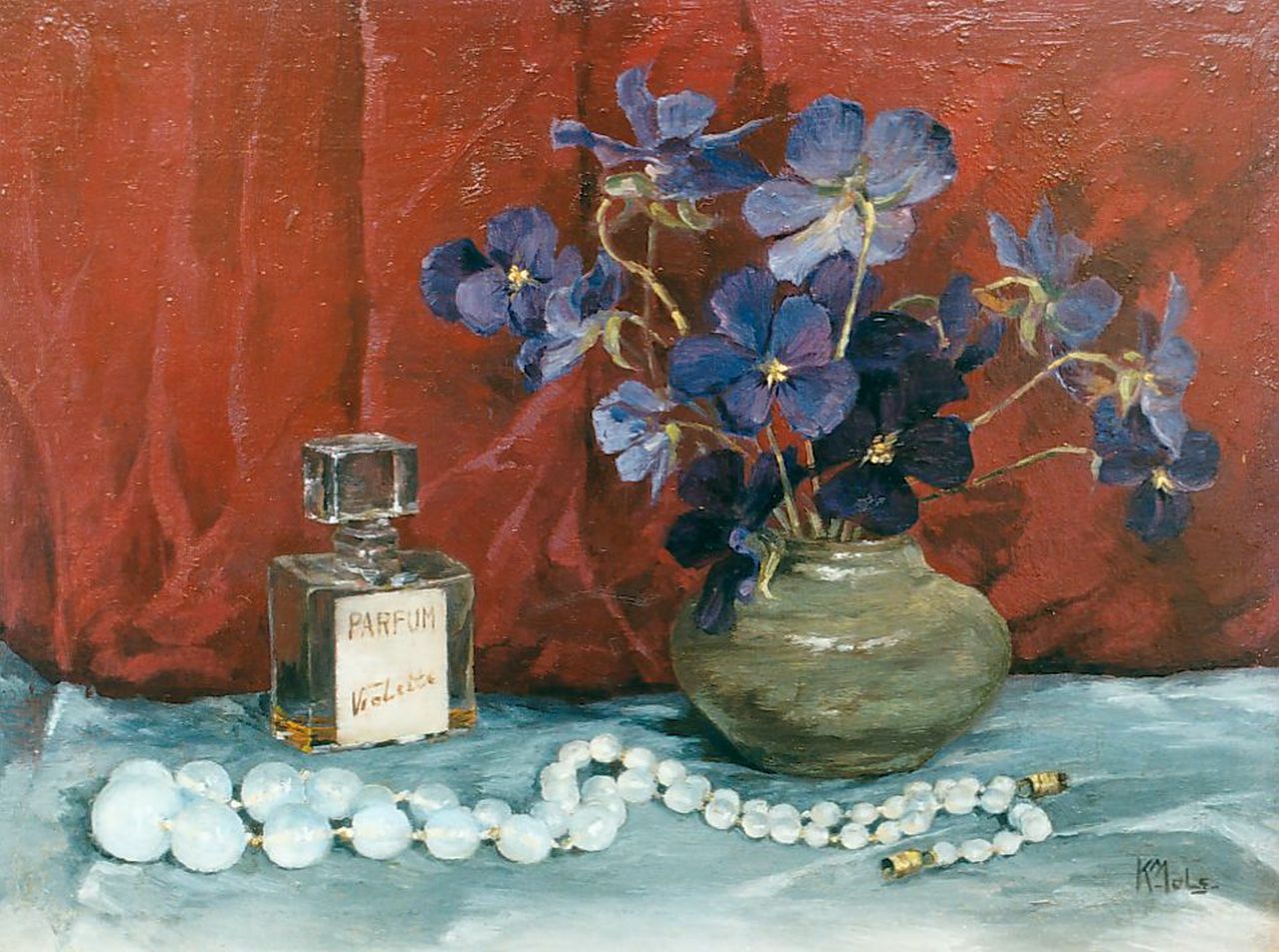 Mols C.J. | Carolus Joannes 'Karel' Mols, Stilleven met viooltjes in vaas en parfumfles, olieverf op paneel 18,5 x 24,5 cm, gesigneerd rechtsonder Mols C.J. | Carolus Joannes 'Karel' Mols, Stilleven met viooltjes in vaas en parfumfles, olieverf op paneel 18,5 x 24,5 cm, gesigneerd rechtsonder