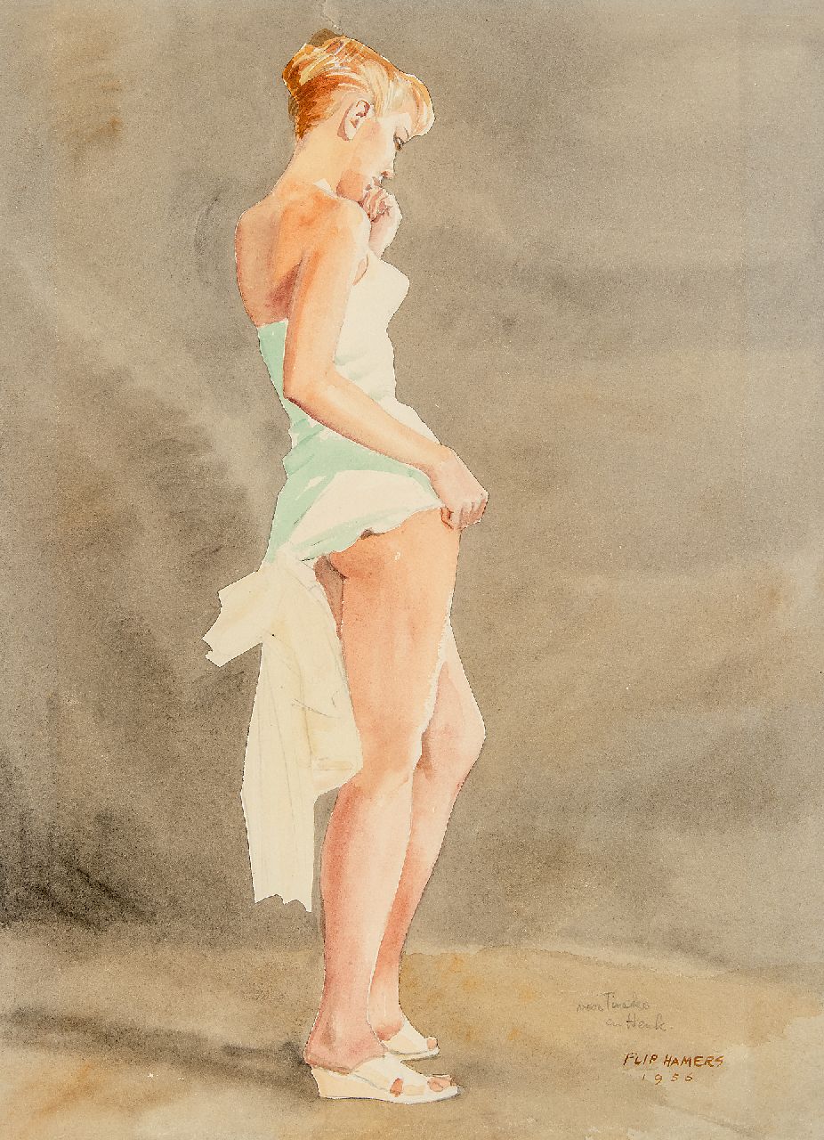 Hamers P.J. | Philippus Jacob 'Flip' Hamers, Pin-upgirl, potlood en aquarel op papier 51,3 x 38,3 cm, gesigneerd rechtsonder en gedateerd 1956 Hamers P.J. | Philippus Jacob 'Flip' Hamers, Pin-upgirl, potlood en aquarel op papier 51,3 x 38,3 cm, gesigneerd rechtsonder en gedateerd 1956