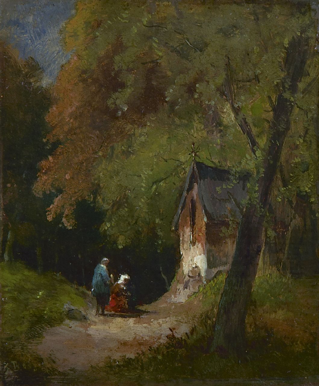 Breuhaus de Groot F.  | Frans Breuhaus de Groot, Boslandschap met landvolk bij een kapelletje, olieverf op paneel 11,5 x 9,7 cm, gesigneerd linksonder met initialen