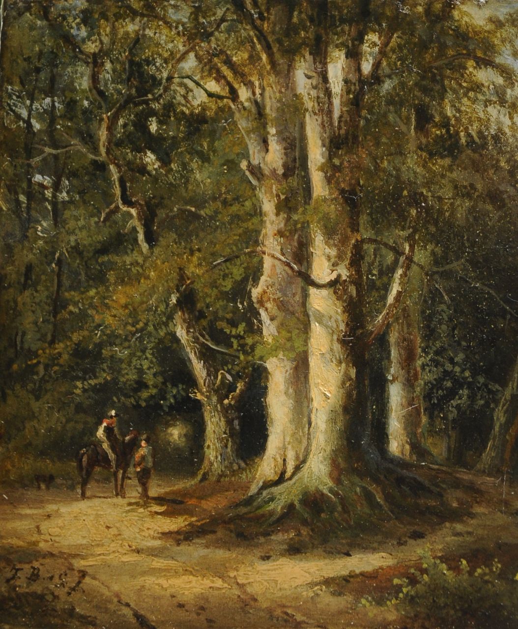 Breuhaus de Groot F. | Frans Breuhaus de Groot, Ruiter en wandelaar op een bospad, olieverf op paneel 12,2 x 10,3 cm, gesigneerd linksonder met initialen Breuhaus de Groot F. | Frans Breuhaus de Groot, Ruiter en wandelaar op een bospad, olieverf op paneel 12,2 x 10,3 cm, gesigneerd linksonder met initialen