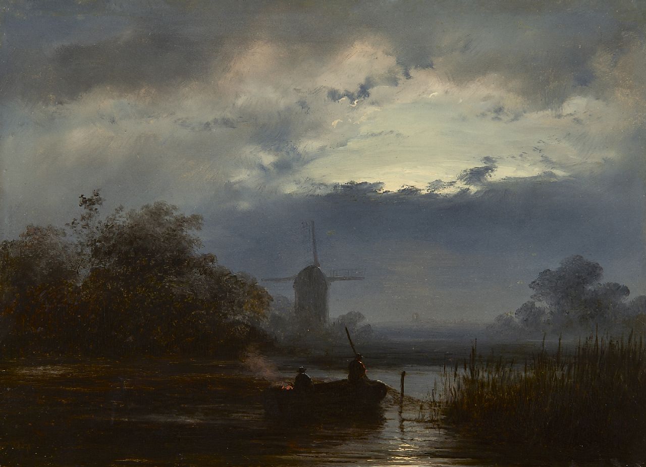 Hoppenbrouwers J.F. | Johannes Franciscus Hoppenbrouwers, Vissers bij maanlicht, olieverf op paneel 18,8 x 26,4 cm, gesigneerd linksonder met initialen Hoppenbrouwers J.F. | Johannes Franciscus Hoppenbrouwers, Vissers bij maanlicht, olieverf op paneel 18,8 x 26,4 cm, gesigneerd linksonder met initialen