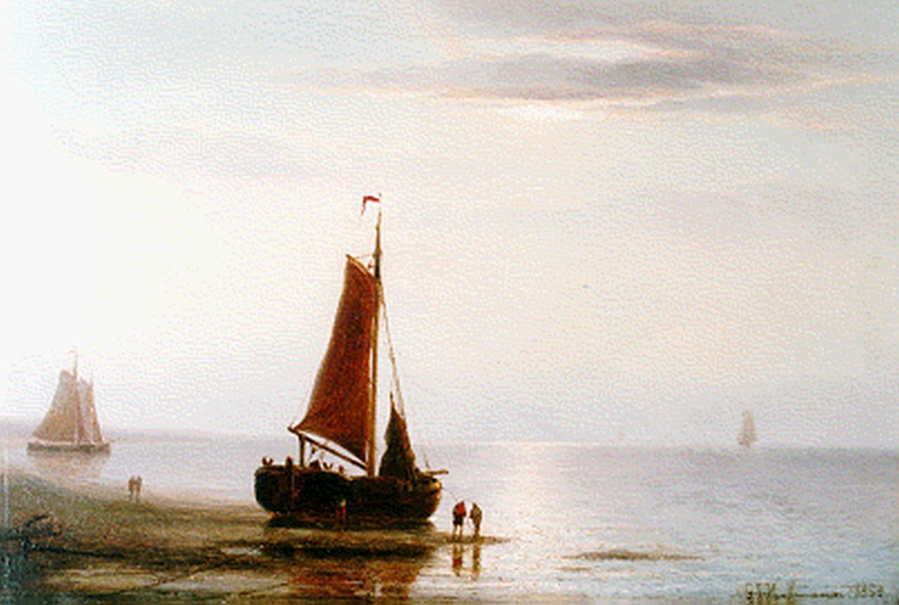 Hoffmann G.J. | Georges Johannes Hoffmann, Bomschuiten op het strand bij avondschemering, olieverf op paneel 18,5 x 27,1 cm, gesigneerd rechtsonder en gedateerd 1858 Hoffmann G.J. | Georges Johannes Hoffmann, Bomschuiten op het strand bij avondschemering, olieverf op paneel 18,5 x 27,1 cm, gesigneerd rechtsonder en gedateerd 1858