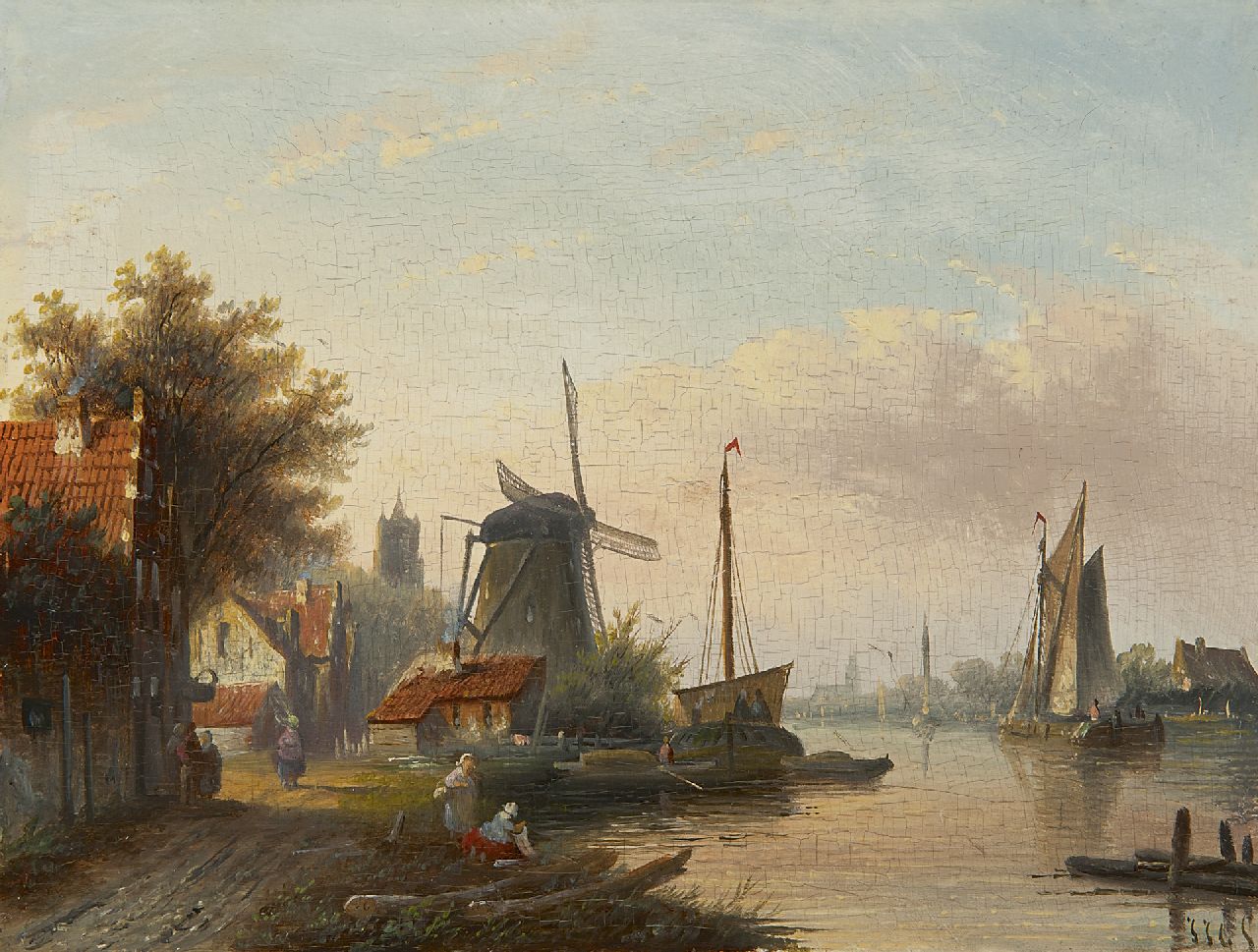 Spohler J.J.C. | Jacob Jan Coenraad Spohler, Zomers riviergezicht met schepen en wasvrouwen (* alleen tezamen met winters pendant), olieverf op paneel 16,0 x 21,1 cm, gesigneerd rechtsonder met initialen Spohler J.J.C. | Jacob Jan Coenraad Spohler, Zomers riviergezicht met schepen en wasvrouwen (* alleen tezamen met winters pendant), olieverf op paneel 16,0 x 21,1 cm, gesigneerd rechtsonder met initialen