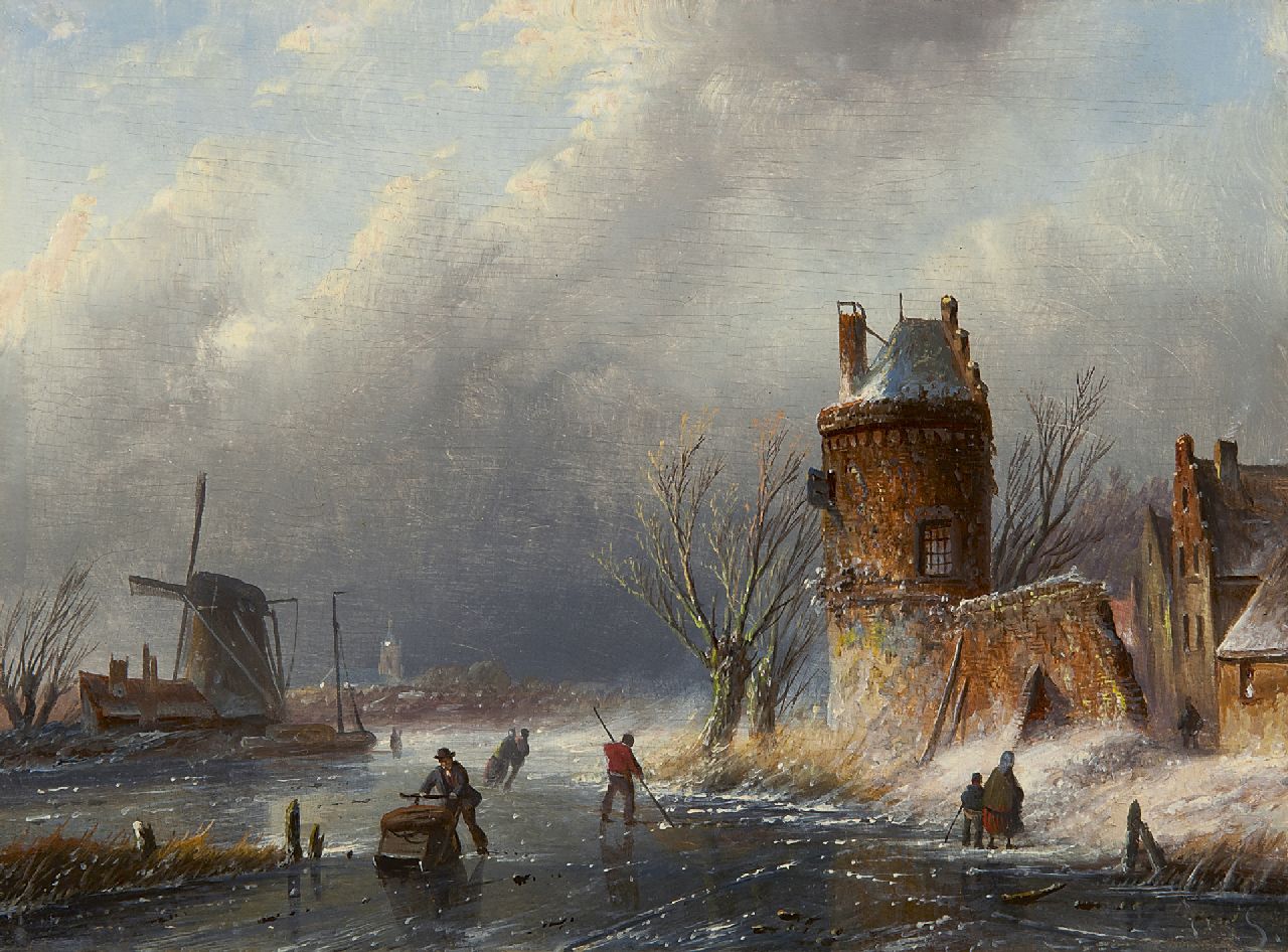 Spohler J.J.C. | Jacob Jan Coenraad Spohler, Winterlandschap met schaatsers en ijsvisser (* alleen tezamen met zomers pendant), olieverf op paneel 15,6 x 21,1 cm, gesigneerd rechtsonder met initialen Spohler J.J.C. | Jacob Jan Coenraad Spohler, Winterlandschap met schaatsers en ijsvisser (* alleen tezamen met zomers pendant), olieverf op paneel 15,6 x 21,1 cm, gesigneerd rechtsonder met initialen