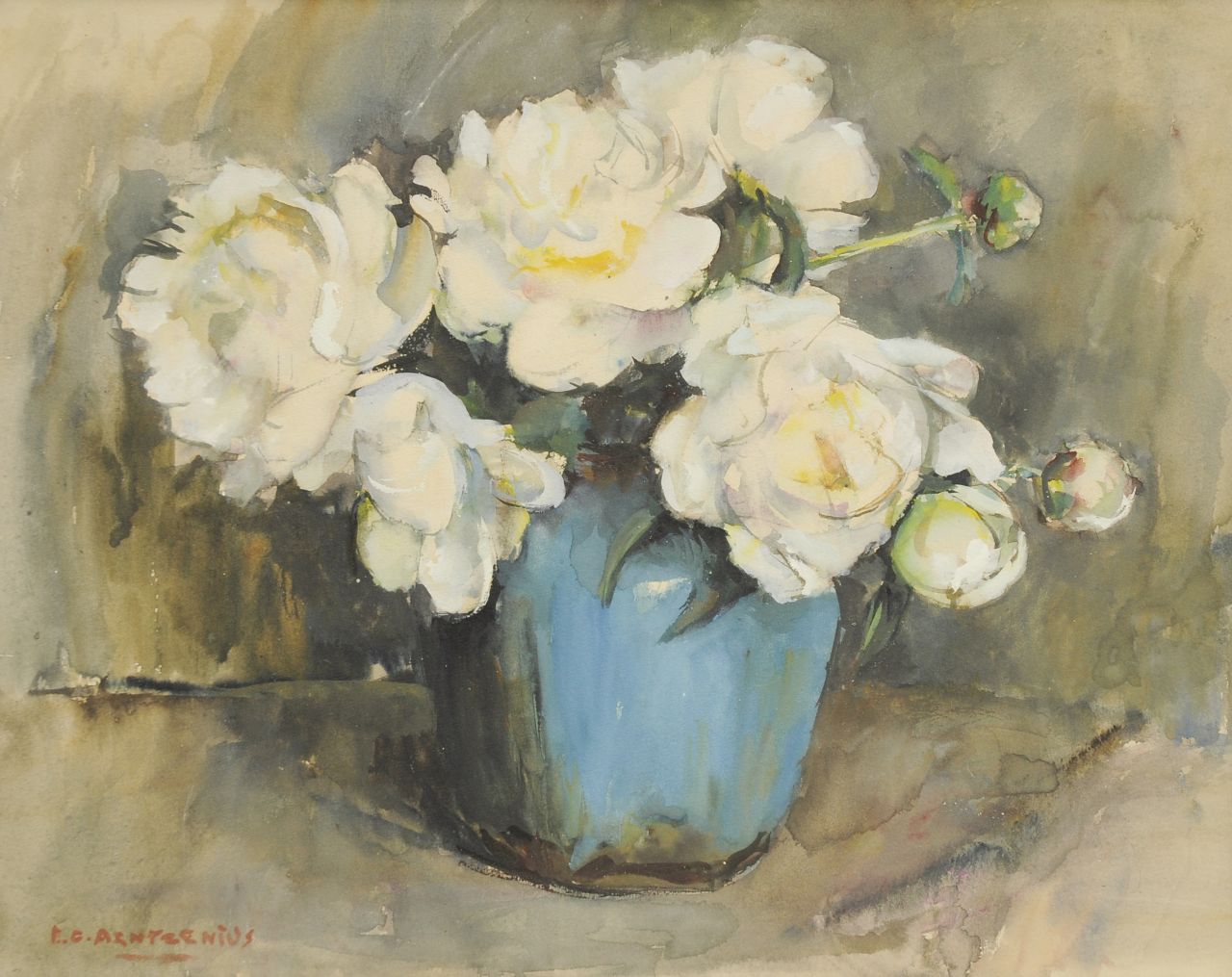Arntzenius E.C.  | Elise Claudine Arntzenius, Gemberpot met pioenrozen, aquarel op papier 36,0 x 44,0 cm, gesigneerd linksonder