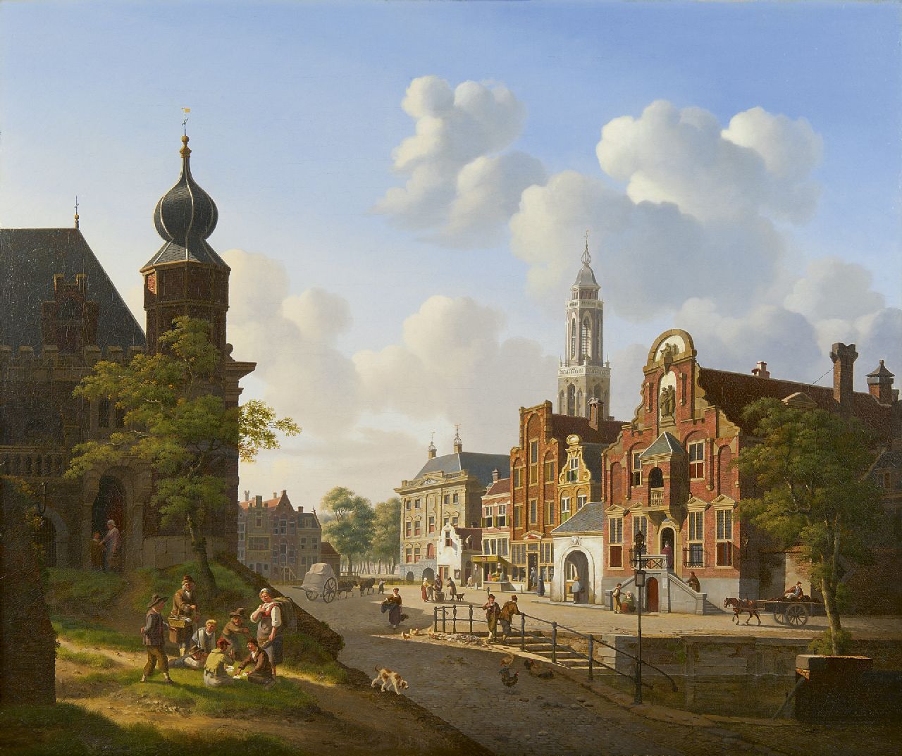 Verheijen J.H. | Jan Hendrik Verheijen, Zonnig stadsgezicht met kaartspelers op de voorgrond, olieverf op doek 66,9 x 79,6 cm, gesigneerd rechtsonder Verheijen J.H. | Jan Hendrik Verheijen, Zonnig stadsgezicht met kaartspelers op de voorgrond, olieverf op doek 66,9 x 79,6 cm, gesigneerd rechtsonder