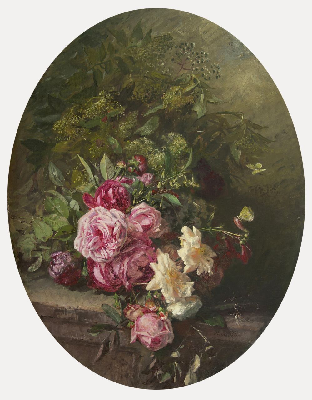 Peters A.  | Anna Peters, Rozen en takken op een stenen plint, olieverf op doek 91,0 x 69,5 cm, gesigneerd rechtsonder