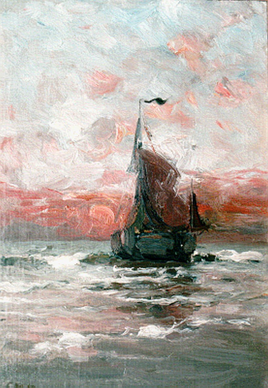 Munthe G.A.L.  | Gerhard Arij Ludwig 'Morgenstjerne' Munthe, Bomschuit bij zonsondergang, olieverf op doek op paneel 41,4 x 28,4 cm, gesigneerd linksonder ini