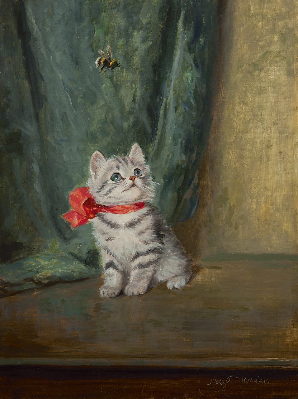 Plückebaum M. | Meta Plückebaum, Katje met hommel, olieverf op schildersboard 40,0 x 30,0 cm, gesigneerd rechtsonder Plückebaum M. | Meta Plückebaum, Katje met hommel, olieverf op schildersboard 40,0 x 30,0 cm, gesigneerd rechtsonder
