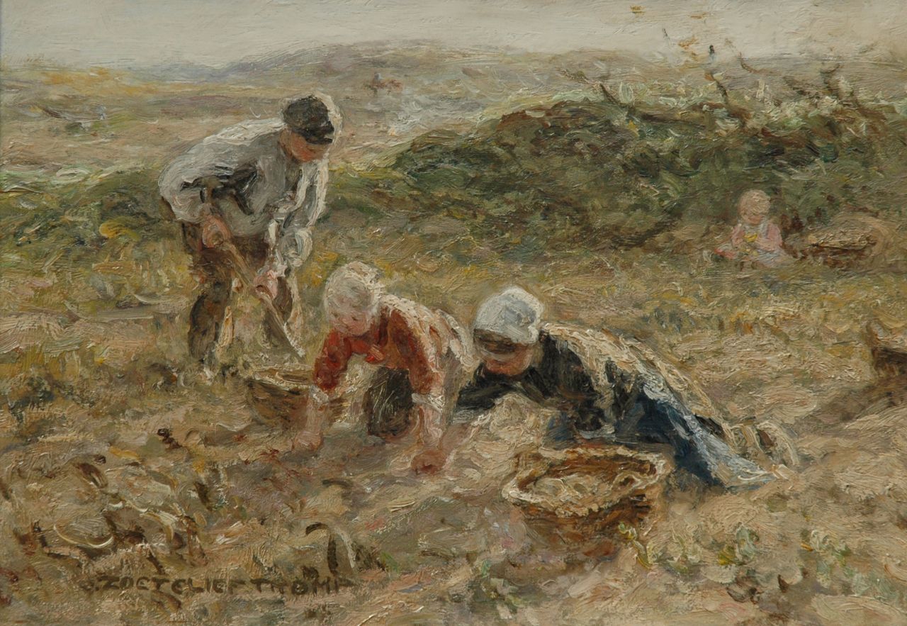 Zoetelief Tromp J.  | Johannes 'Jan' Zoetelief Tromp, Aardappels rooien in de duinen bij Katwijk, olieverf op doek 25,5 x 35,3 cm, gesigneerd linksonder