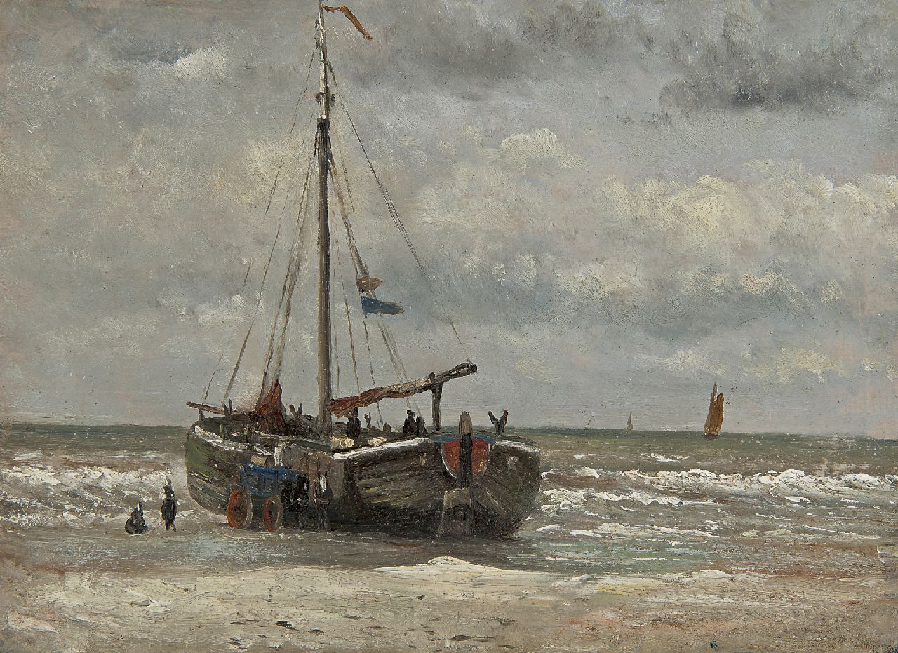Mesdag H.W. | Hendrik Willem Mesdag, Vissers bij bomschuit op het strand, olieverf op papier 20,8 x 28,2 cm, te dateren ca. 1868 Mesdag H.W. | Hendrik Willem Mesdag, Vissers bij bomschuit op het strand, olieverf op papier 20,8 x 28,2 cm, te dateren ca. 1868