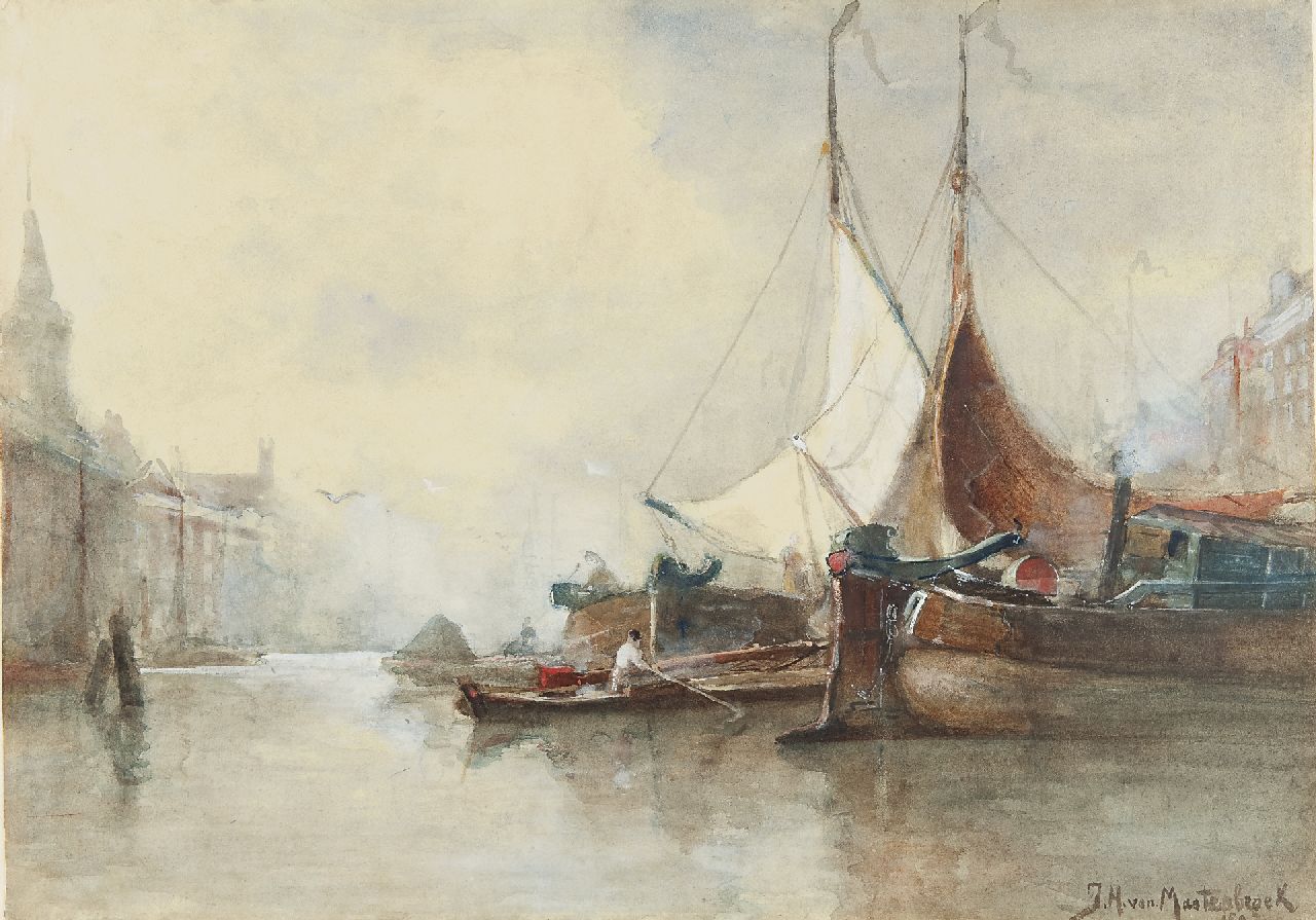 Mastenbroek J.H. van | Johan Hendrik van Mastenbroek, Afgemeerde schepen in de Leuvehaven, Rotterdam, aquarel op papier 38,5 x 53,3 cm, gesigneerd rechtsonder en gedateerd 189[8?]