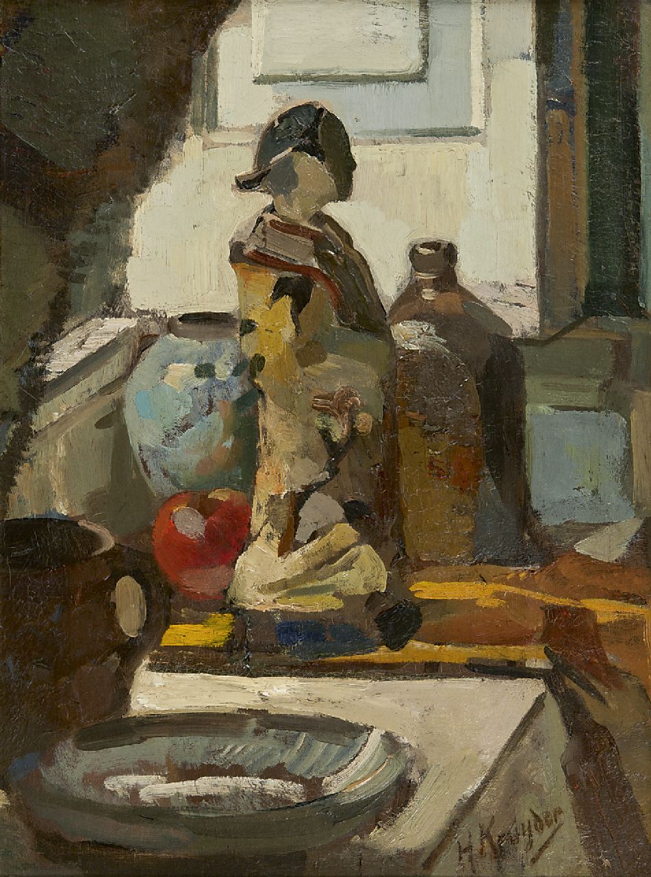 Kruyder H.J.  | 'Herman' Justus Kruyder, Stilleven met Satsuma beeldje, olieverf op paneel 50,0 x 38,5 cm, gesigneerd rechtsonder en te dateren vóór 1916