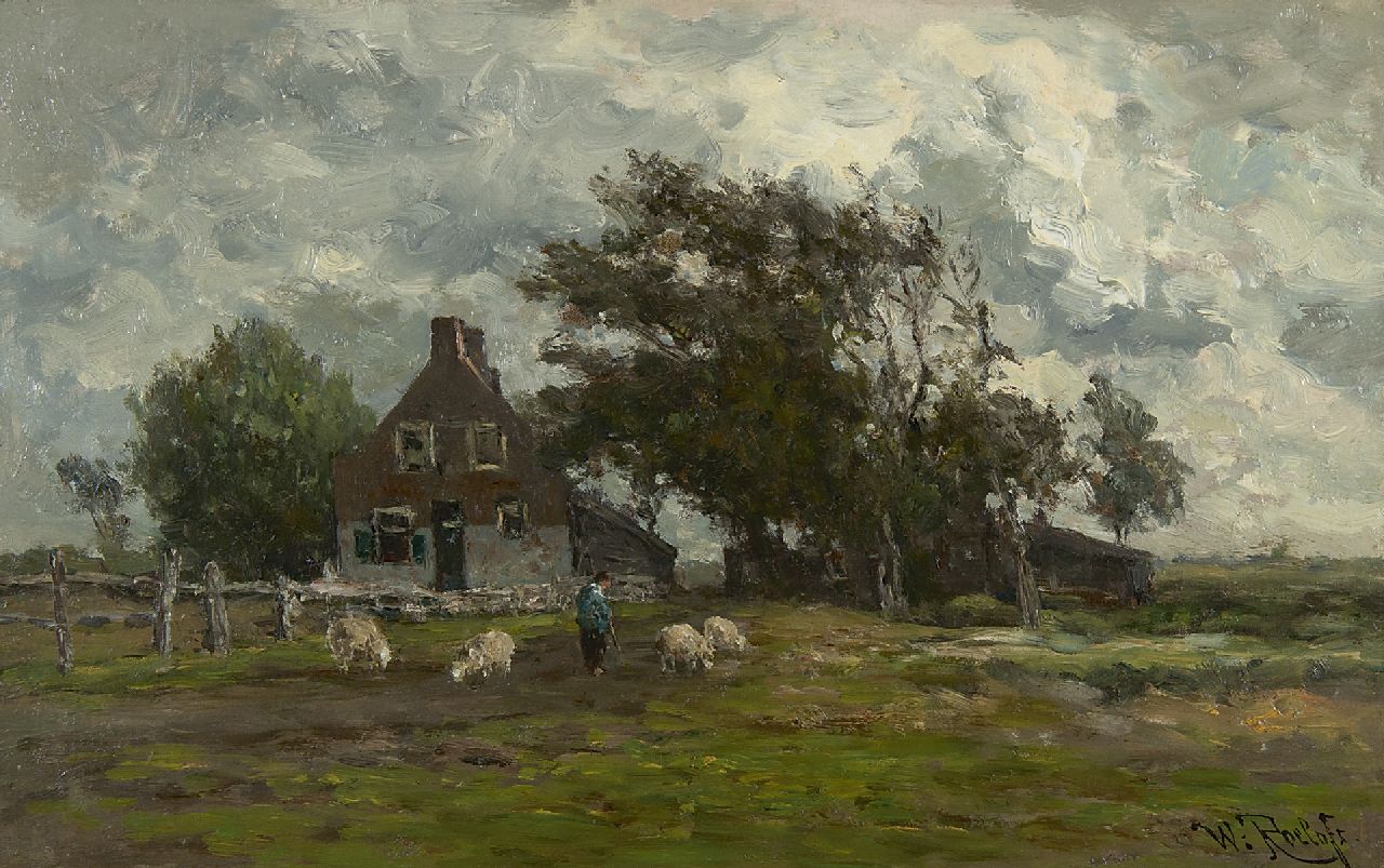 Roelofs W. | Willem Roelofs, Landschap met schapen bij een boerenhuis, olieverf op doek op paneel 27,7 x 44,0 cm, gesigneerd rechtsonder Roelofs W. | Willem Roelofs, Landschap met schapen bij een boerenhuis, olieverf op doek op paneel 27,7 x 44,0 cm, gesigneerd rechtsonder