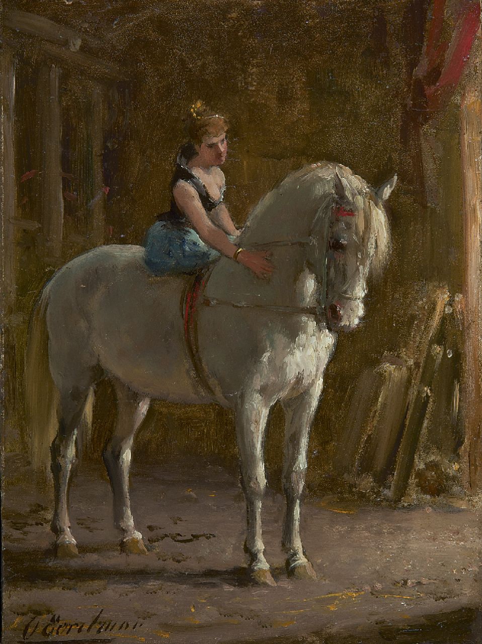 Eerelman O.  | Otto Eerelman, Wachtend op de circusact, olieverf op paneel 21,1 x 15,6 cm, gesigneerd linksonder