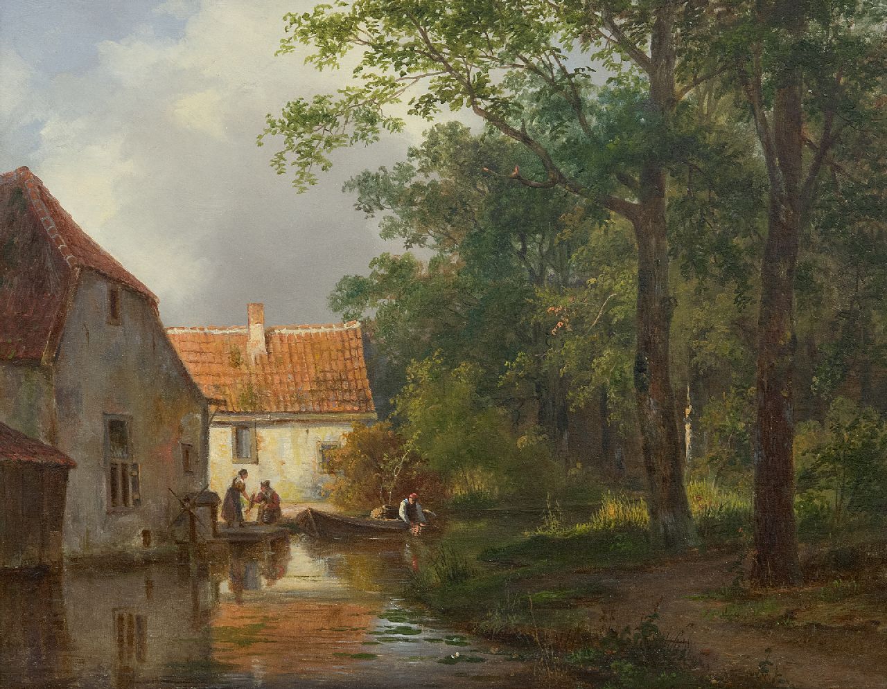 Breuhaus de Groot F.  | Frans Breuhaus de Groot | Schilderijen te koop aangeboden | Visverkoop aan de dorpsbeek, olieverf op paneel 24,4 x 30,6 cm, gesigneerd rechtsonder (vaag)