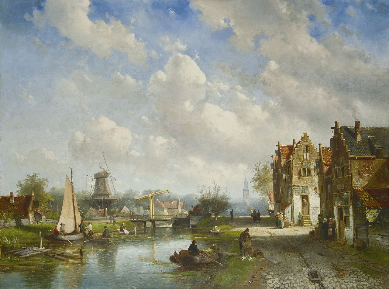 Leickert C.H.J.  | 'Charles' Henri Joseph Leickert, Zomers rivierlandschap met de Nieuwe Kerk van Delft in de verte, olieverf op doek 78,0 x 103,4 cm, gesigneerd rechtsonder en gedateerd '72