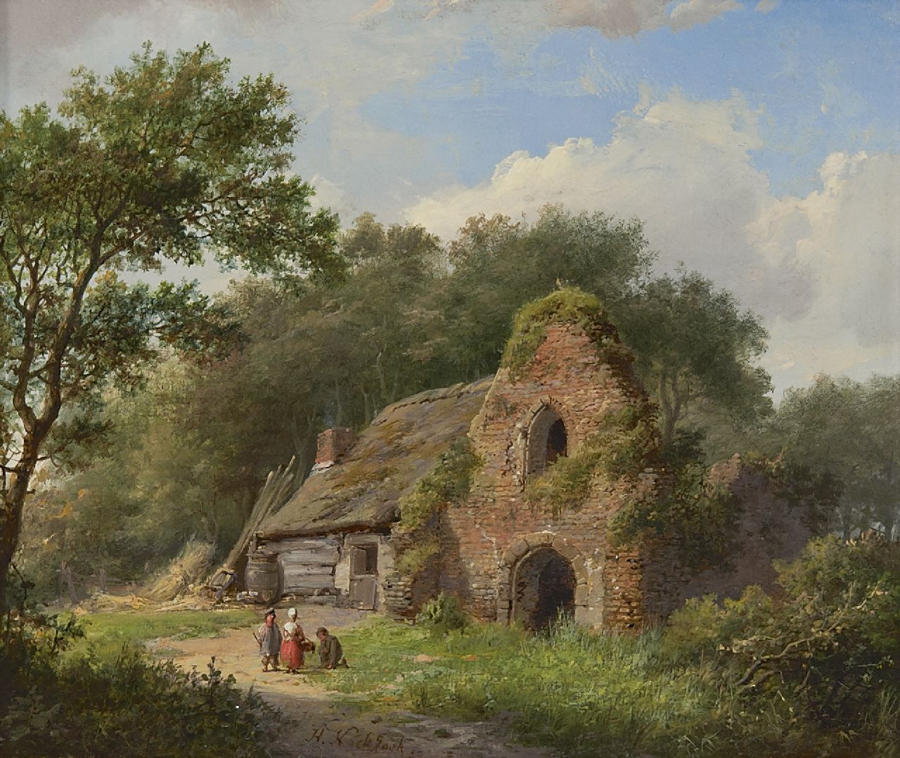 Koekkoek H. | Hermanus Koekkoek, Landvolk bij een ruïne, olieverf op paneel 17,4 x 20,4 cm, gesigneerd middenonder en gedateerd '59 Koekkoek H. | Hermanus Koekkoek, Landvolk bij een ruïne, olieverf op paneel 17,4 x 20,4 cm, gesigneerd middenonder en gedateerd '59