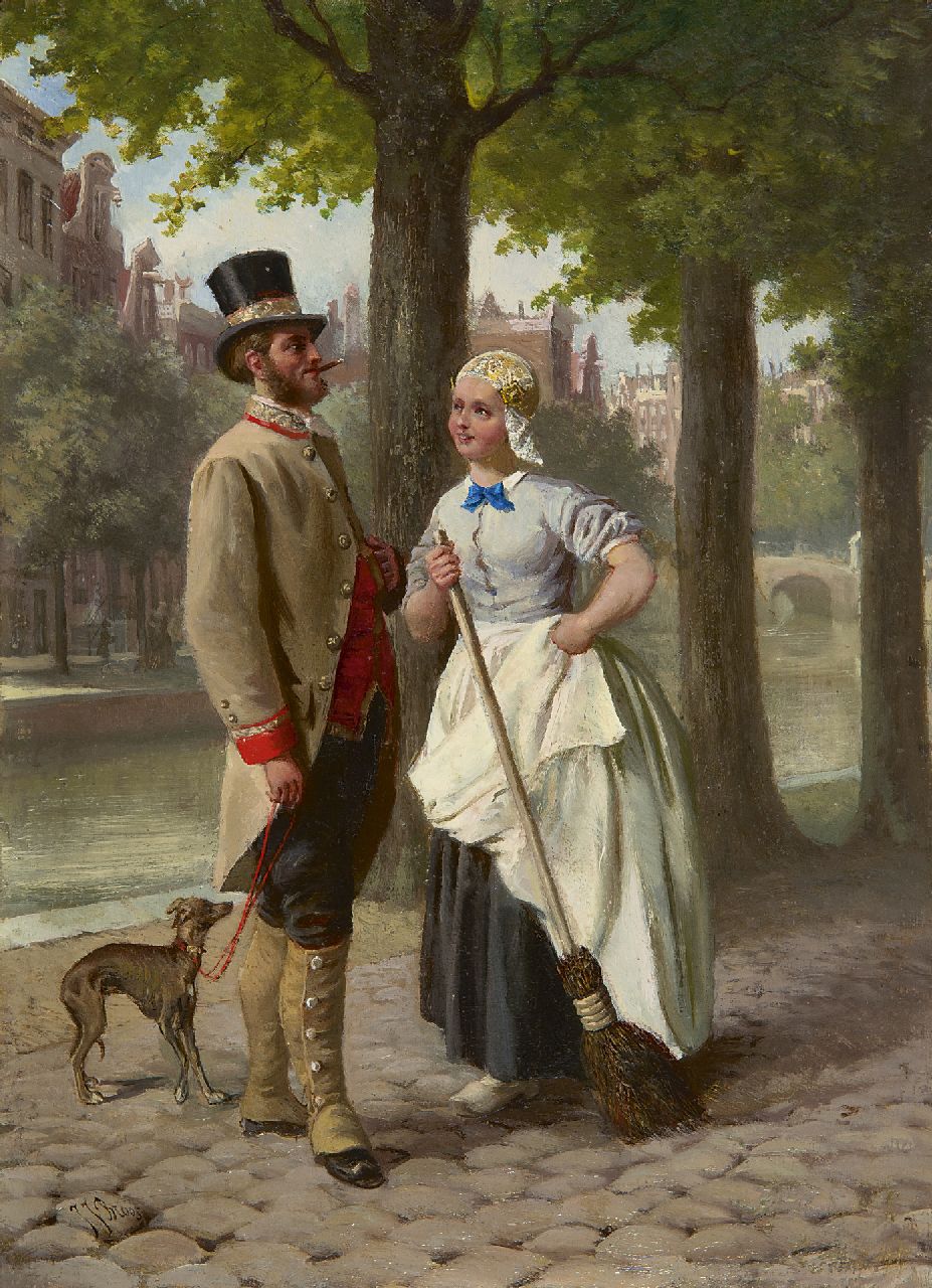 Zuidema Broos J.J. | Jan Jacob Zuidema Broos, Romance op de gracht, Amsterdam, olieverf op paneel 29,0 x 21,0 cm, gesigneerd linksonder Zuidema Broos J.J. | Jan Jacob Zuidema Broos, Romance op de gracht, Amsterdam, olieverf op paneel 29,0 x 21,0 cm, gesigneerd linksonder