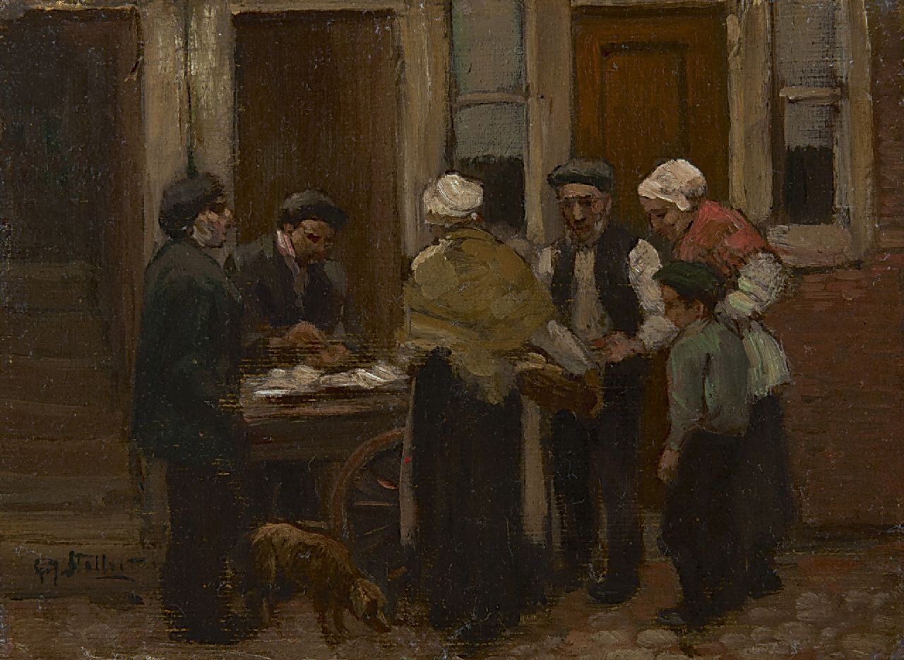 Staller G.J.  | Gerard Johan Staller, Bij de haringkar, olieverf op doek op board 12,2 x 15,7 cm, gesigneerd linksonder