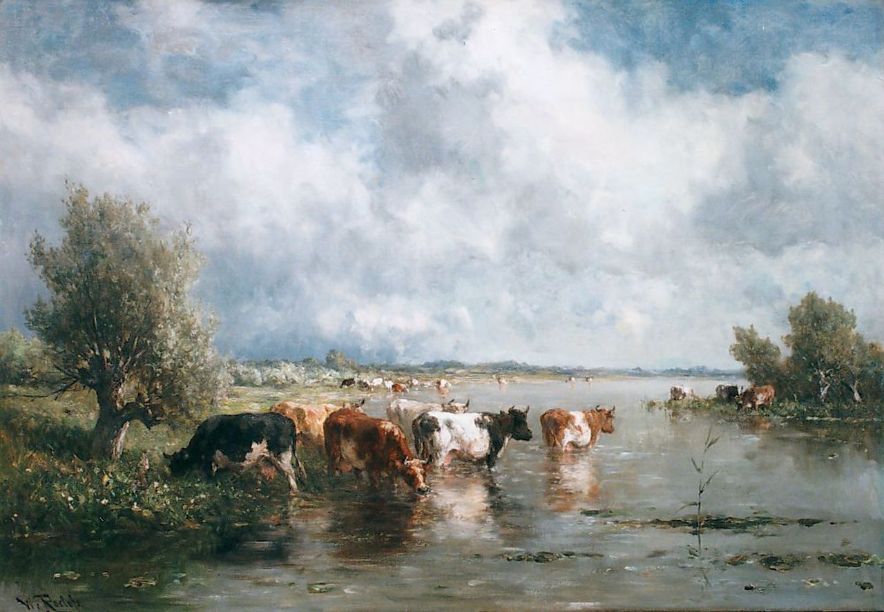 Roelofs W. | Willem Roelofs, Koeien aan het water, olieverf op doek 70,0 x 101,0 cm, gesigneerd l.o Roelofs W. | Willem Roelofs, Koeien aan het water, olieverf op doek 70,0 x 101,0 cm, gesigneerd l.o