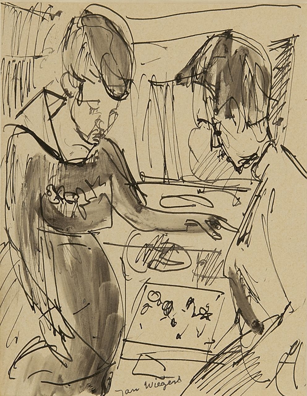 Wiegers J. | Jan Wiegers, Bij de juwelier, pen, penseel en inkt op papier 21,6 x 17,5 cm, gesigneerd middenonder en verso Wiegers J. | Jan Wiegers, Bij de juwelier, pen, penseel en inkt op papier 21,6 x 17,5 cm, gesigneerd middenonder en verso