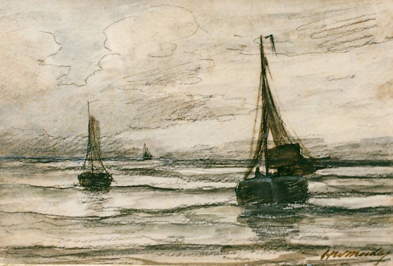 Mesdag H.W. | Hendrik Willem Mesdag, Bomschuiten op zee, potlood en aquarel op papier 13,5 x 19,5 cm, gesigneerd rechtsonder Mesdag H.W. | Hendrik Willem Mesdag, Bomschuiten op zee, potlood en aquarel op papier 13,5 x 19,5 cm, gesigneerd rechtsonder