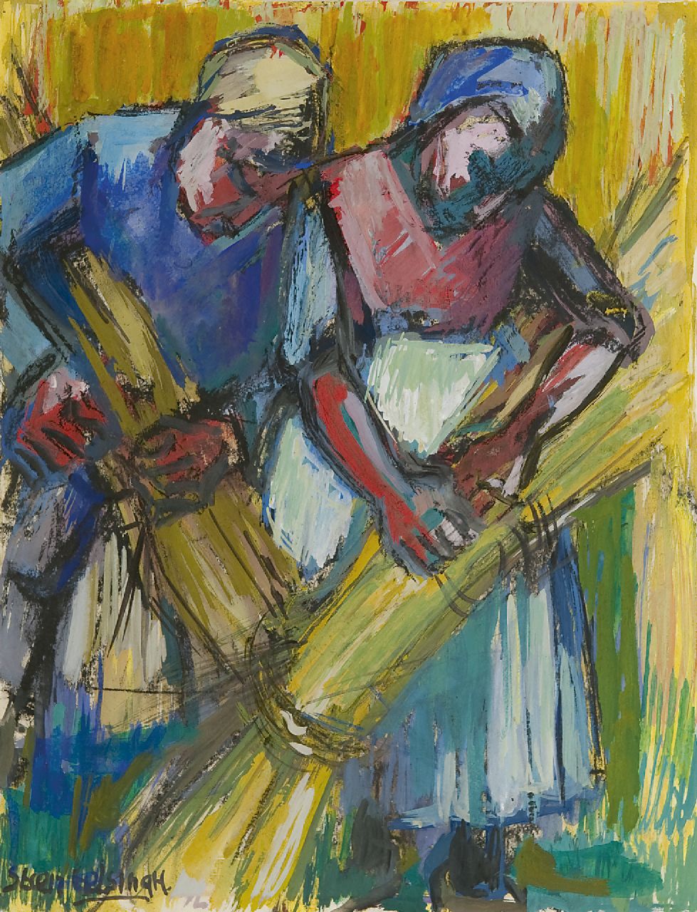 Eelsingh C. | Christiana 'Stien' Eelsingh, Schovenbinders, gouache op papier 32,5 x 24,5 cm, gesigneerd linksonder en te dateren ca. 1950-1955 Eelsingh C. | Christiana 'Stien' Eelsingh, Schovenbinders, gouache op papier 32,5 x 24,5 cm, gesigneerd linksonder en te dateren ca. 1950-1955