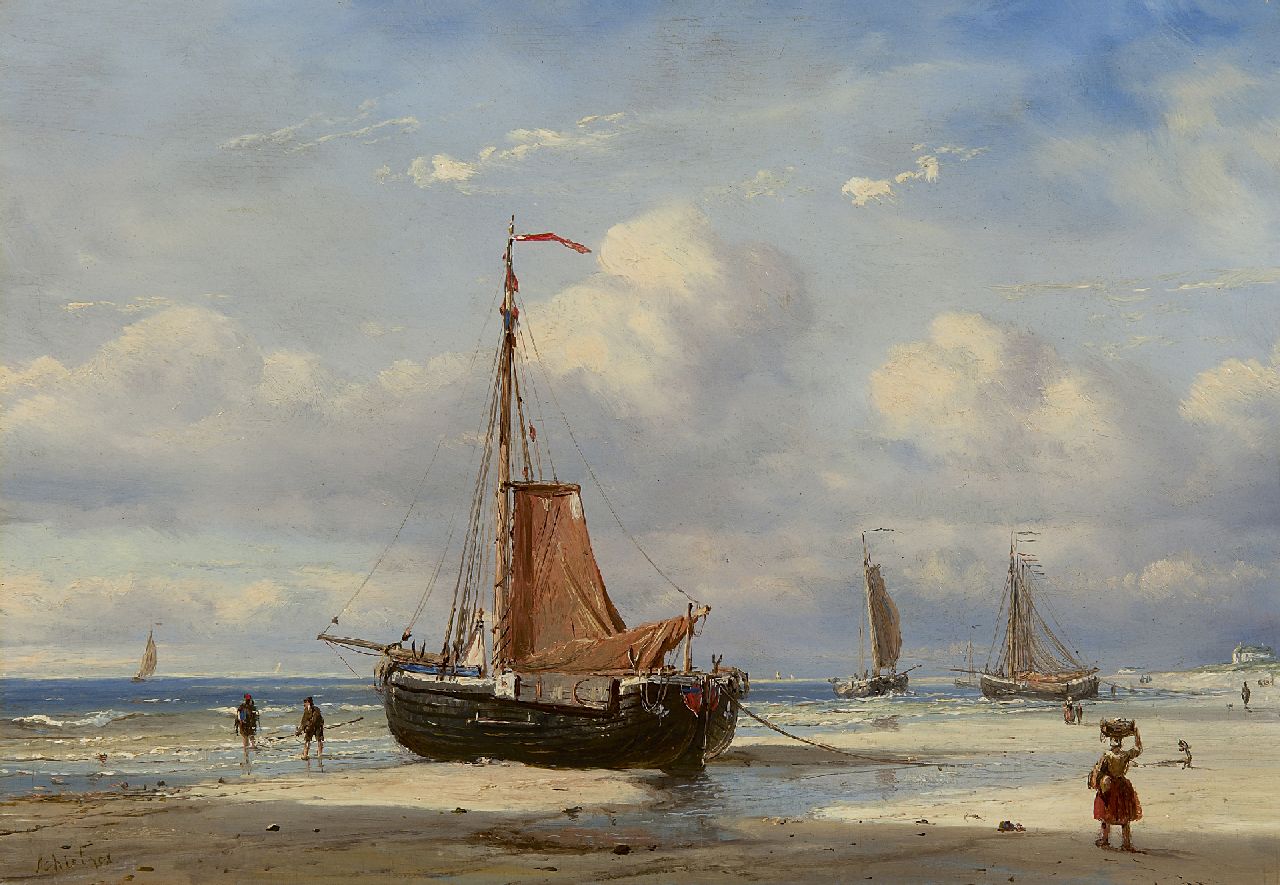 Schiedges P.P.  | Petrus Paulus Schiedges, Pinken op het strand van Scheveningen, olieverf op paneel 24,0 x 35,2 cm, gesigneerd linksonder