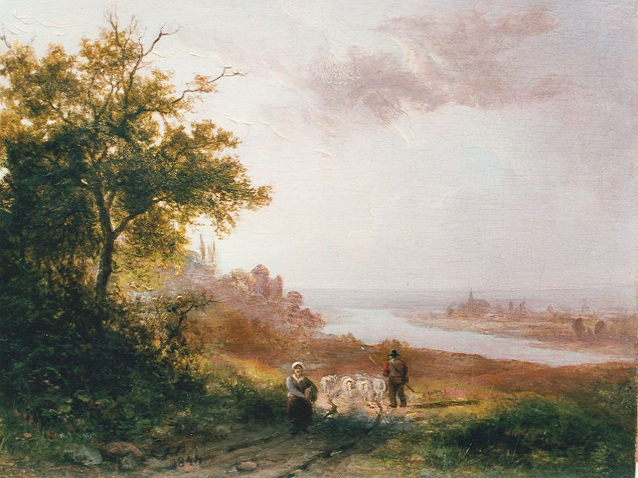 Klombeck J.B.  | Johann Bernard Klombeck, Riviergezicht vanaf de heuvel, olieverf op paneel 12,5 x 16,5 cm, gesigneerd initialen J.B.K. en gedateerd 1844