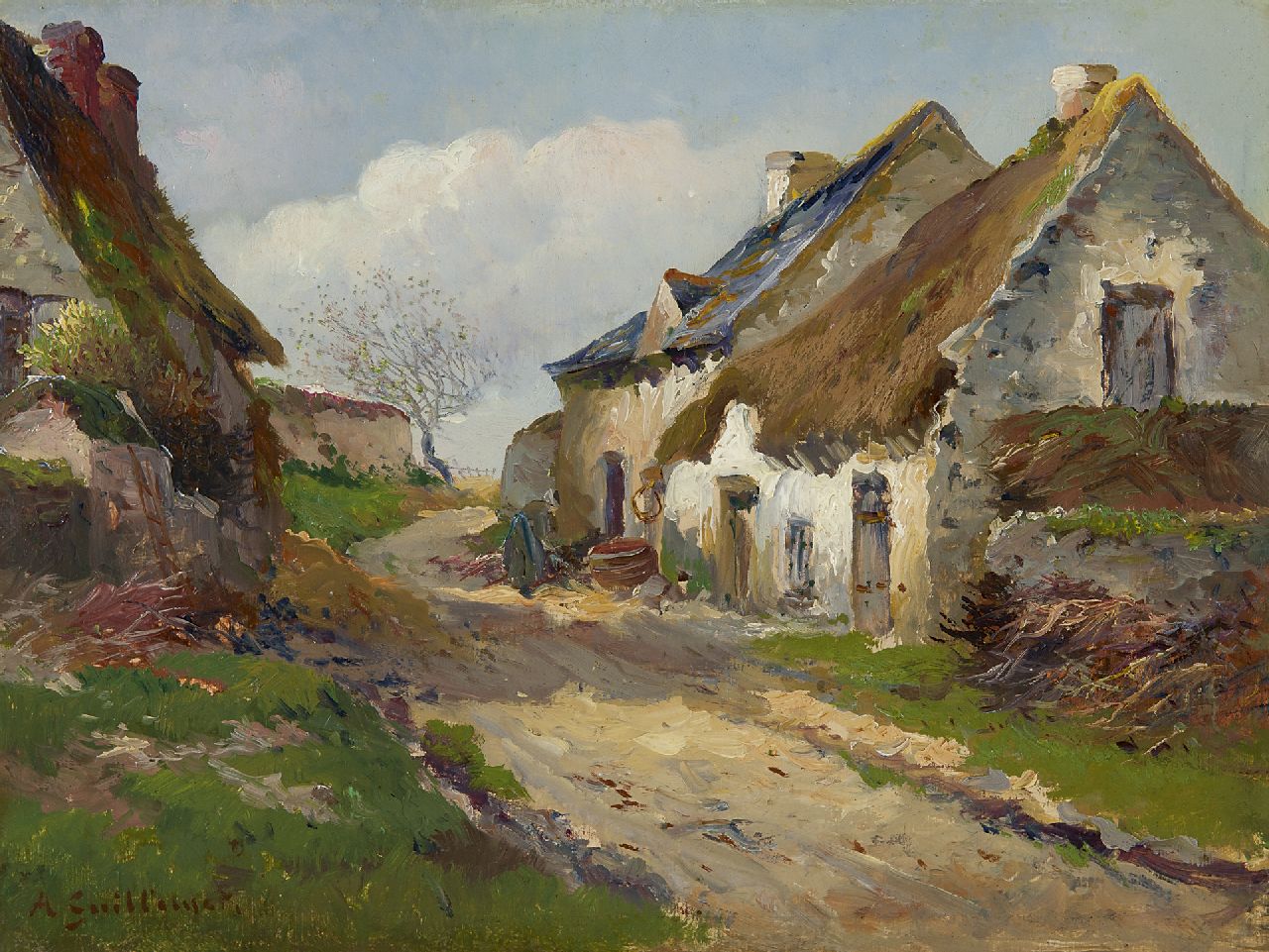 Guillemet J.B.A. | Jean Baptiste 'Antoine' Guillemet, Boerenhuizen in Normandië, Frankrijk, olieverf op doek 26,8 x 34,8 cm, gesigneerd linksonder Guillemet J.B.A. | Jean Baptiste 'Antoine' Guillemet, Boerenhuizen in Normandië, Frankrijk, olieverf op doek 26,8 x 34,8 cm, gesigneerd linksonder