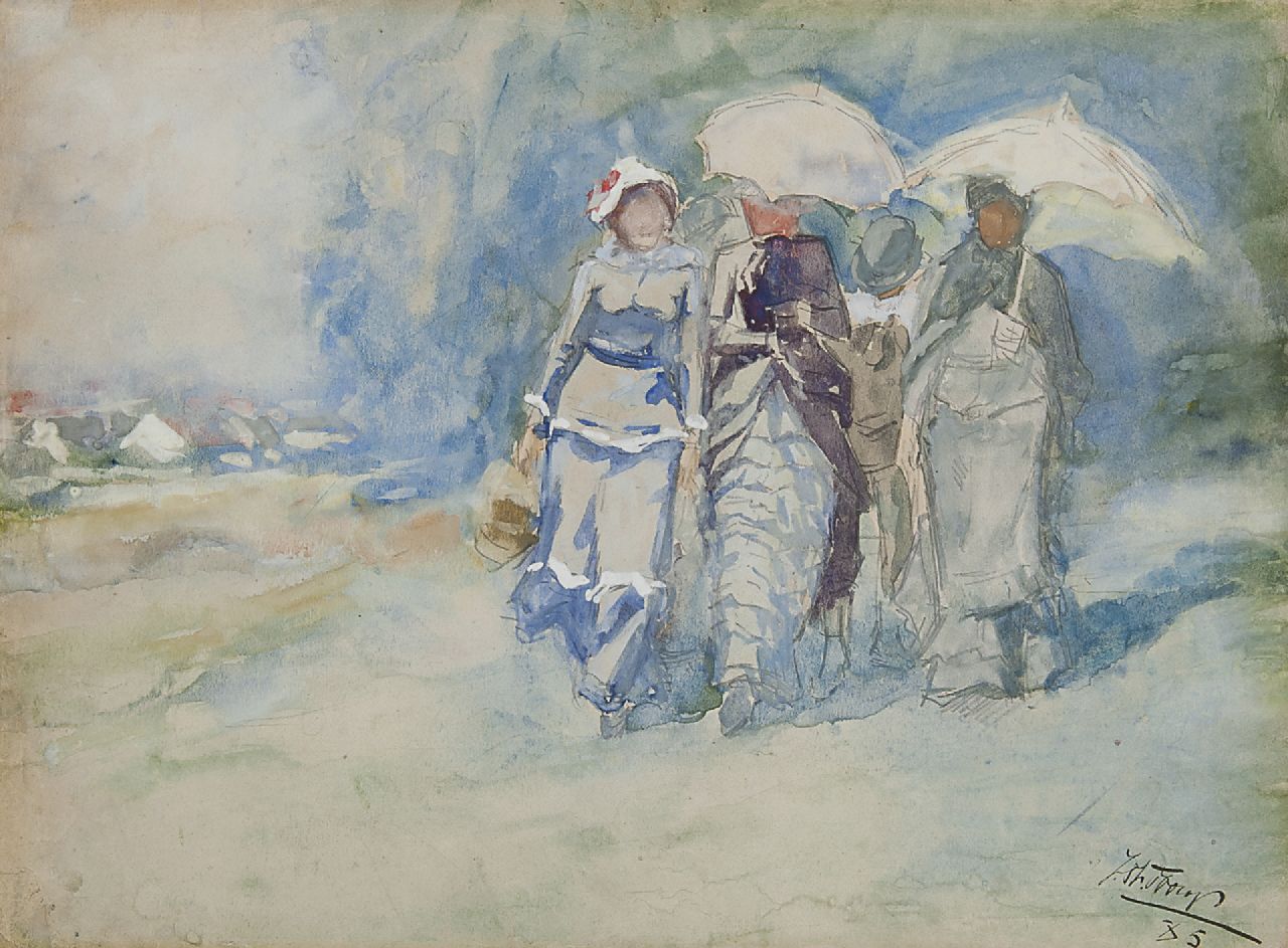 Toorop J.Th. | Johannes Theodorus 'Jan' Toorop, Gezelschap op een duinpad, aquarel op papier 24,4 x 33,3 cm, gesigneerd rechtsonder en gedateerd '85 Toorop J.Th. | Johannes Theodorus 'Jan' Toorop, Gezelschap op een duinpad, aquarel op papier 24,4 x 33,3 cm, gesigneerd rechtsonder en gedateerd '85