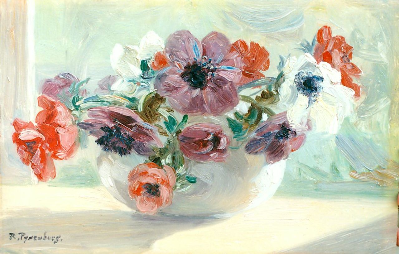 Pijnenburg R.M. | 'Reinier' Marinus Pijnenburg, Anemonen in glazen vaas, olieverf op paneel 21,8 x 33,7 cm, gesigneerd linksonder Pijnenburg R.M. | 'Reinier' Marinus Pijnenburg, Anemonen in glazen vaas, olieverf op paneel 21,8 x 33,7 cm, gesigneerd linksonder