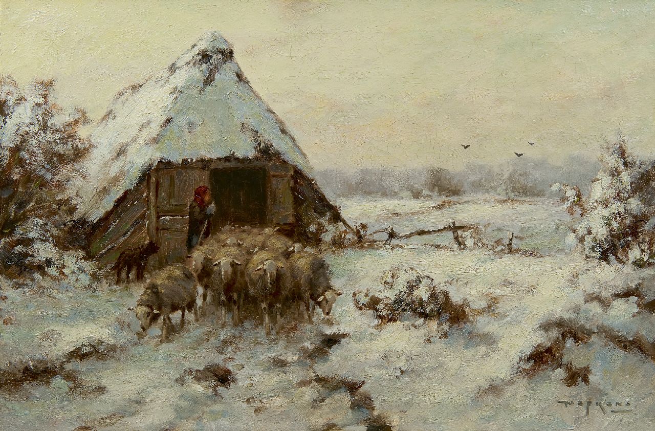 Nefkens M.J. | Martinus Jacobus Nefkens, Kudde met herder bij Veluwse schaapskooi, olieverf op doek 40,5 x 60,3 cm, gesigneerd rechtsonder Nefkens M.J. | Martinus Jacobus Nefkens, Kudde met herder bij Veluwse schaapskooi, olieverf op doek 40,5 x 60,3 cm, gesigneerd rechtsonder
