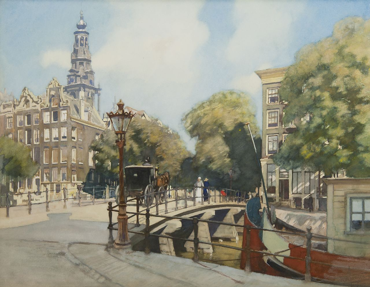 Jansen H.W. | Hendrik Willebrord Jansen, Gezicht op de brug over de Kloveniersburgwal, Amsterdam, aquarel op papier 45,5 x 56,8 cm, gesigneerd rechtsonder Jansen H.W. | Hendrik Willebrord Jansen, Gezicht op de brug over de Kloveniersburgwal, Amsterdam, aquarel op papier 45,5 x 56,8 cm, gesigneerd rechtsonder